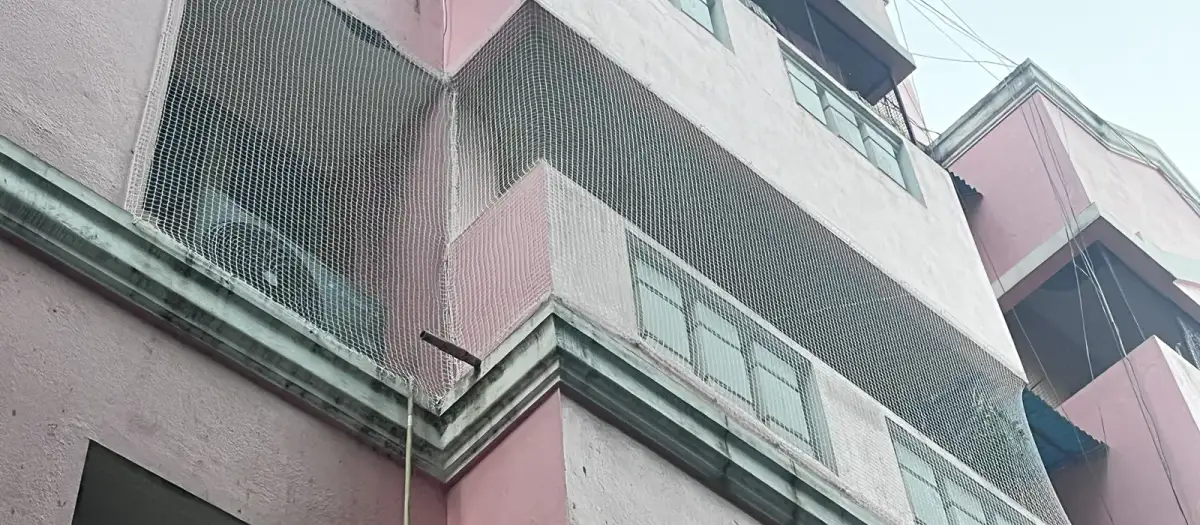 Balcony bird-proofed with a pigeon net in Chennai
