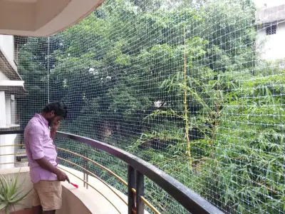Pigeon net installed on a high-rise balcony in Chennai