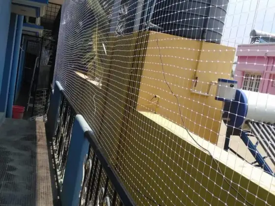 Pigeon net fitted across an apartment balcony in Teynampet, Chennai (close-up view)