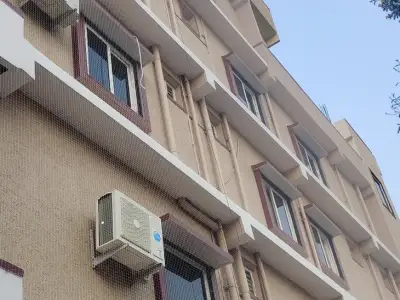 Pigeon net fitted over an apartment window (close-up view)