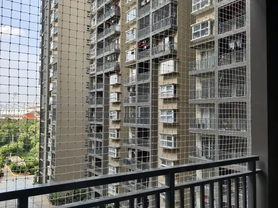 Clear safety net protecting an open balcony in Teynampet, Chennai (close-up view)