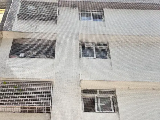 Building ledges protected with bird nets (wider view)