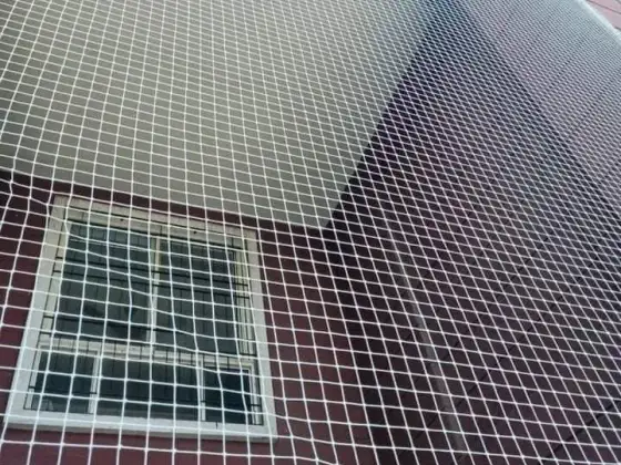 Discreet net installed across a window in Royapuram, Chennai (close-up view)